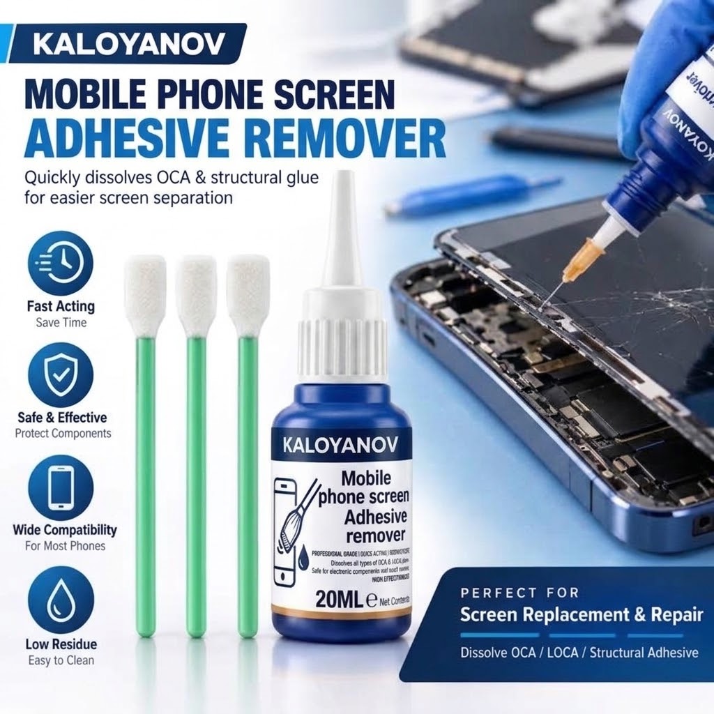 Electronics Repair Manual - ชุดเครื่องมือซ่อมมือถือ: น้ำยาล้างกาวหน้าจอโทรศัพท์มือถือ, เข็มปลายแหลม, สำลีก้านแบน, อุปกรณ์ถอดกระจก LCD,